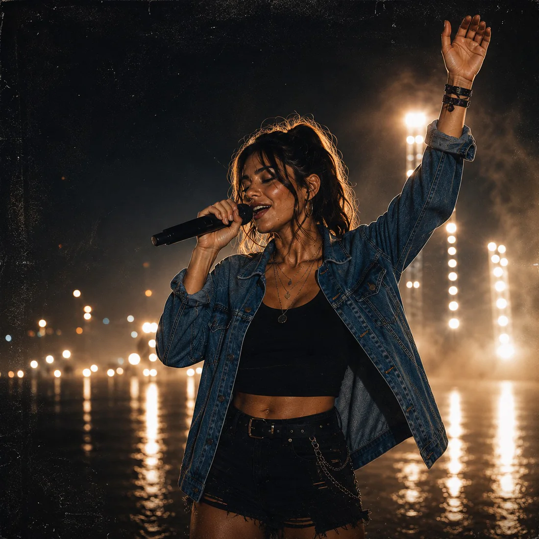Selène Belle singing into a microphone under concert lights