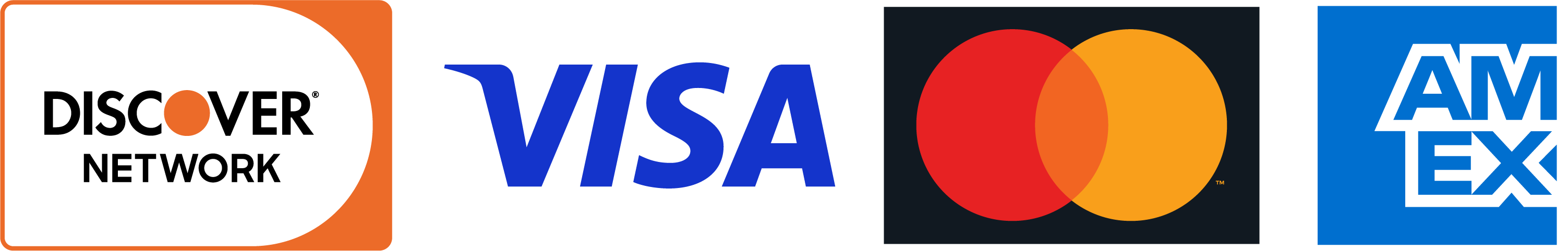 Discover, Visa, Mastercard and American Express card-brand logos